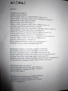 Menu at Animal in Los Angeles