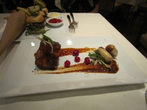 Miso glazed pork belly with crisp pork and mushroom "spring roll" and soy caramel