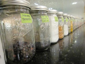 The spices lined up in the kitchen at Root 246. They would be so much cooler if they were alphabetized. ;)