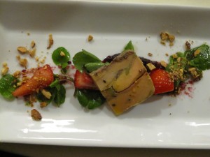 Foie gras terrine with strawberries and toasted nuts. Crazy good!